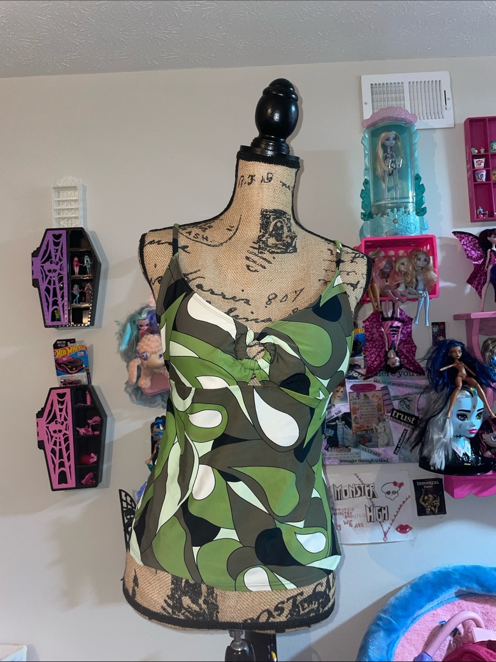Green Abstract Print Knot-Front Swimwear Cami Top